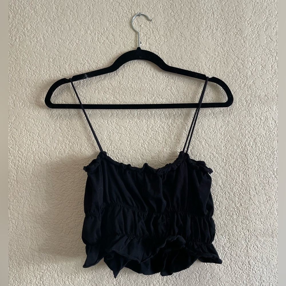 Ruffled black crop top, thin strap